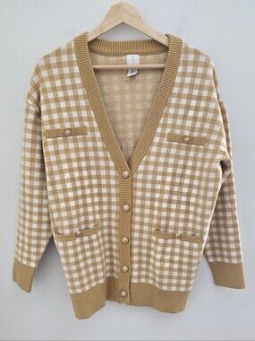 Joie Gingham Check Button Front Cardigan Sweater, M